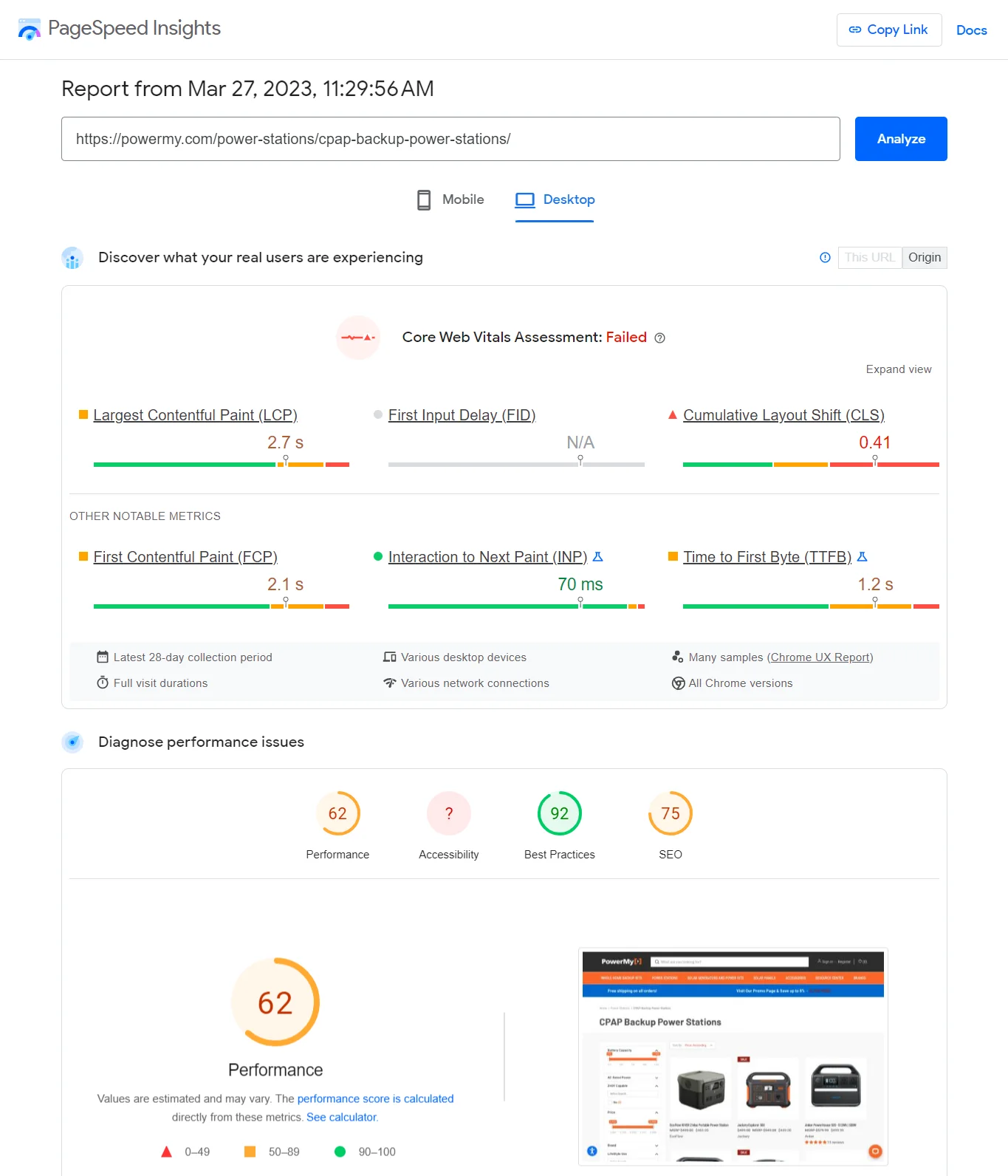 PageSpeed Insights Desktop report showing a performance score of 62.